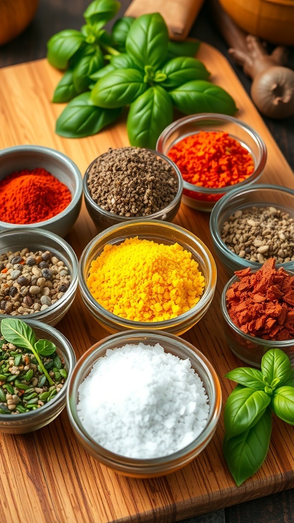 Colorful spices and herbs in bowls on a wooden cutting board.